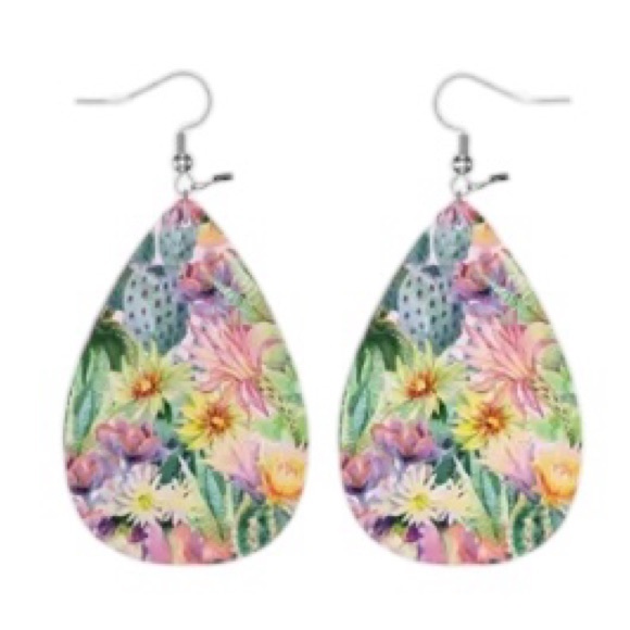 Vegan Leather Colorful Tropical Print Drop Style Earrings - Picture 1 of 5